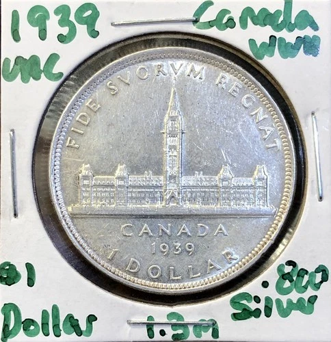 1939 Canada Silver Dollar - World War II - UNC AU XF Details - Mintage 1,363,816