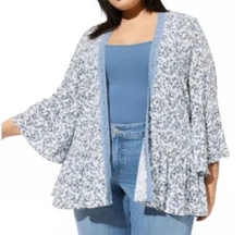 Torrid Women’s Floral Ruffle Kimono Cardigan Blue White Open Front Size 2 Plus