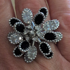 Silver Tone Flower Cluster Cocktail Ring Blac...