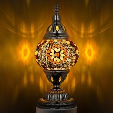 Turkish Table Lamp with Bronze Base  Handmade Yellow Moroccan Tiffany Style Mo...