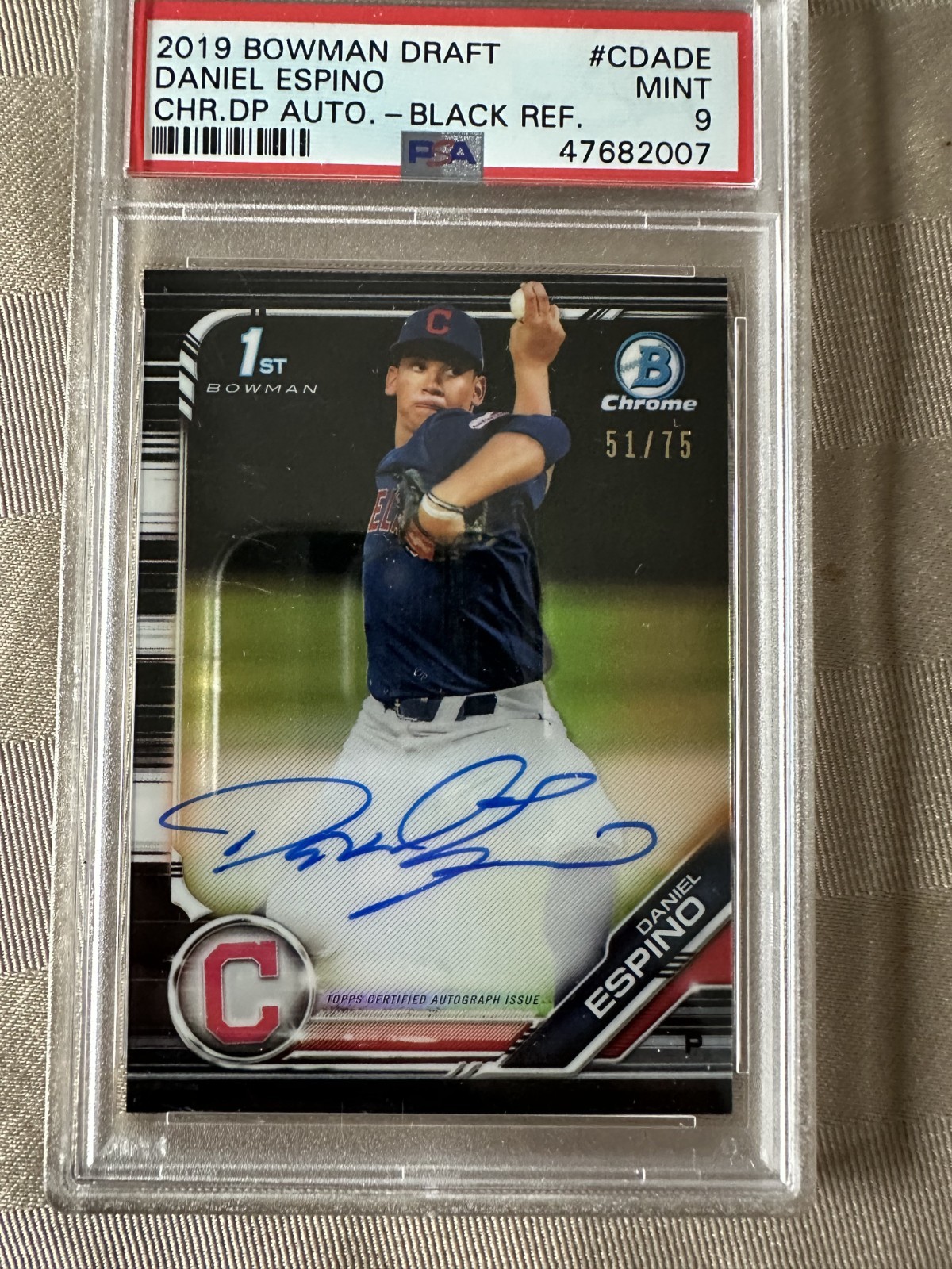 2019 BOWMAN CHROME DRAFT AUTO BLACK REFRACTOR 51/75 DANIEL ESPINO PSA 9