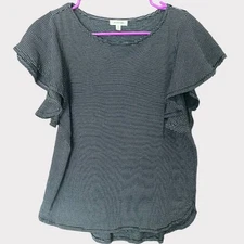 Max Studio Small Striped Short Flutter Sleeve Black White Cotton Poly Stretch