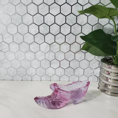 Fenton Glass Cat Head Pink Lilac Art Glass Scalloped Edge Shoe