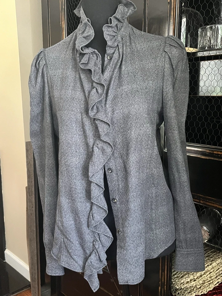 Isabel Marant Etoile Dules Ruffled Shirt Twill Mockneck Cotton Plaid Gray 40 8 - Image 2 of 4