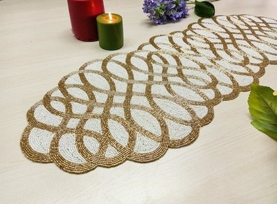 Indian Handcrafted Beaded Table Runner White Golden 13×36 Inches
