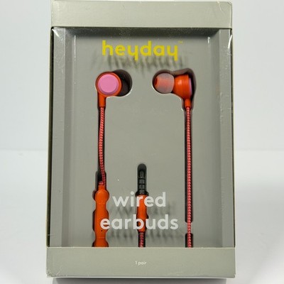 Heyday Wired Earbuds Coral Orange with Microphone New Damaged Package