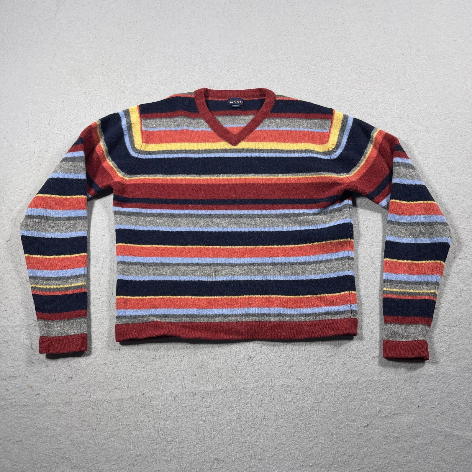 Bklo Sweater Mens Small Multicolor Wool Striped Pullover V Neck Made Australia