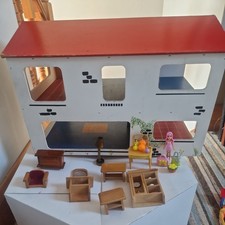 VINTAGE DOLLS HOUSE AND CONTENTS in need of tlc wooden kit  house and furniture