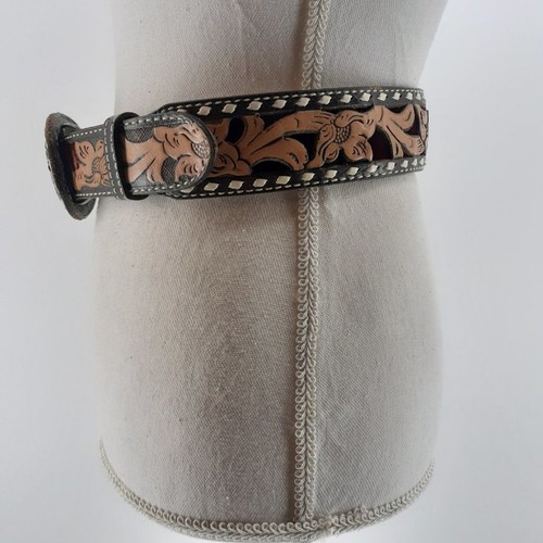 Circle Y "Jobe" Tooled Leather Belt Tan Brown Burgundy Velvet Rodeo Western 30 - Picture 8 of 11