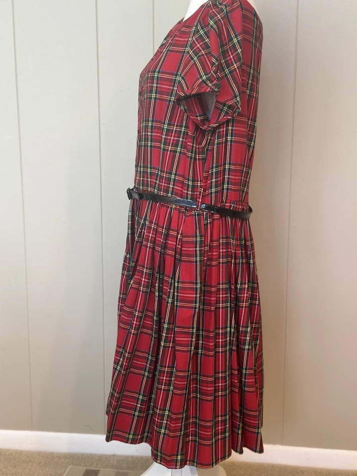 Vestido Bernie Dexter Lori Rojo Tartán Columpio Talla XL USADO EN EXCELENTE ESTADO Negro Charol Cinturón Foto 3 de 4