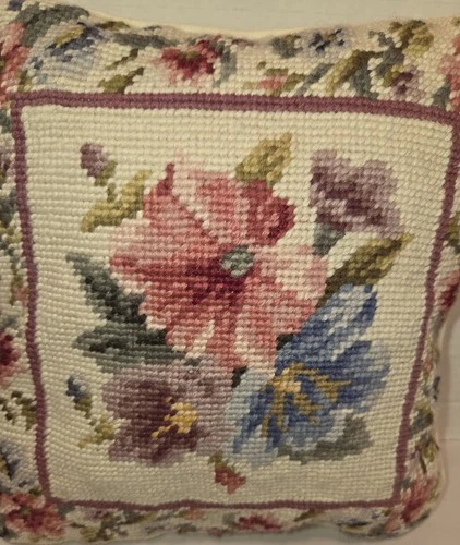 Decorative Needlepoint Accent Pillow Flowers Floral Wool Zipper Closure