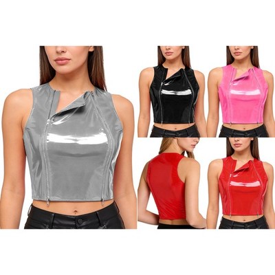 DE Damen Wetlook Weste PU Leder Shiny Tank Top Ärmellos Slim Fit Bluse Clubwear
