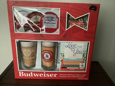 Budweiser Limited Edition Glass And Coaster Set With Pretzels 1oz (New)