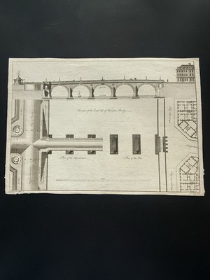 Antike 18. Jahrhundert Worcester Brücke Architektur Gravur Erhöhung Plan