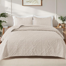 3 Piece King Size Quilt Bedding Set, Brich Beige Lightweight Bedspread, Soft M