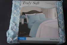 Truly Soft Blue White Print King Sheet Set with Deep Pockets