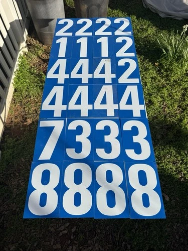 (24)Vintage Chevron Double Sided Metal Gas Station Numbers White Blue Graphic
