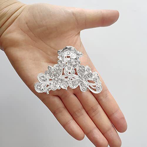 Silver Vintage Hair Claw Jaw Clips Rhinestone Hair Claw Crystal Flowers Hair - Picture 5 of 6