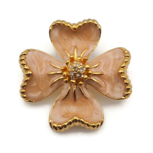 90's Vintage Liana Pearlized Peach Enamel Clear Rhinestone Flower Fashion Brooch