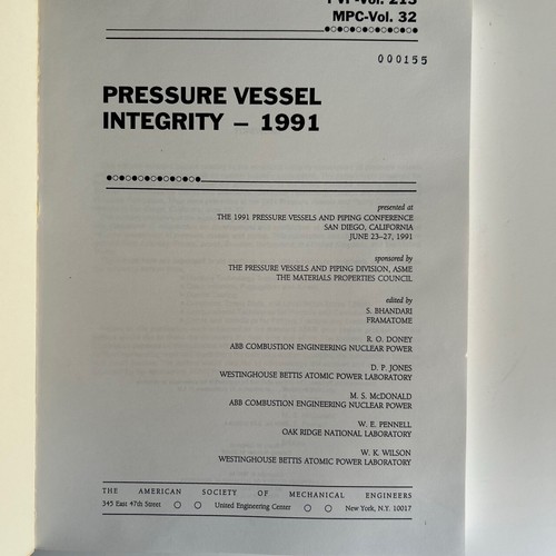 Pressure Vessel Integrity 1991 ASME PVP Vol 213 MPC Vol 32 Bhandari Engineering - Picture 4 of 6