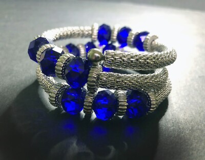 Venetian MURANO COBALT BLUE SAPPHIRE GLASS Stainless Steel Tubogas Wrap Bracelet