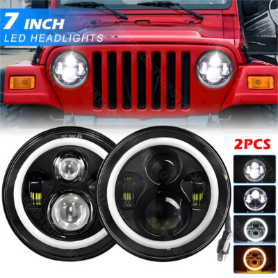 Pair 7 inch LED Headlights Chrome Hi/Lo Beam for Jeep Wrangler JK TJ CJ 1997-18