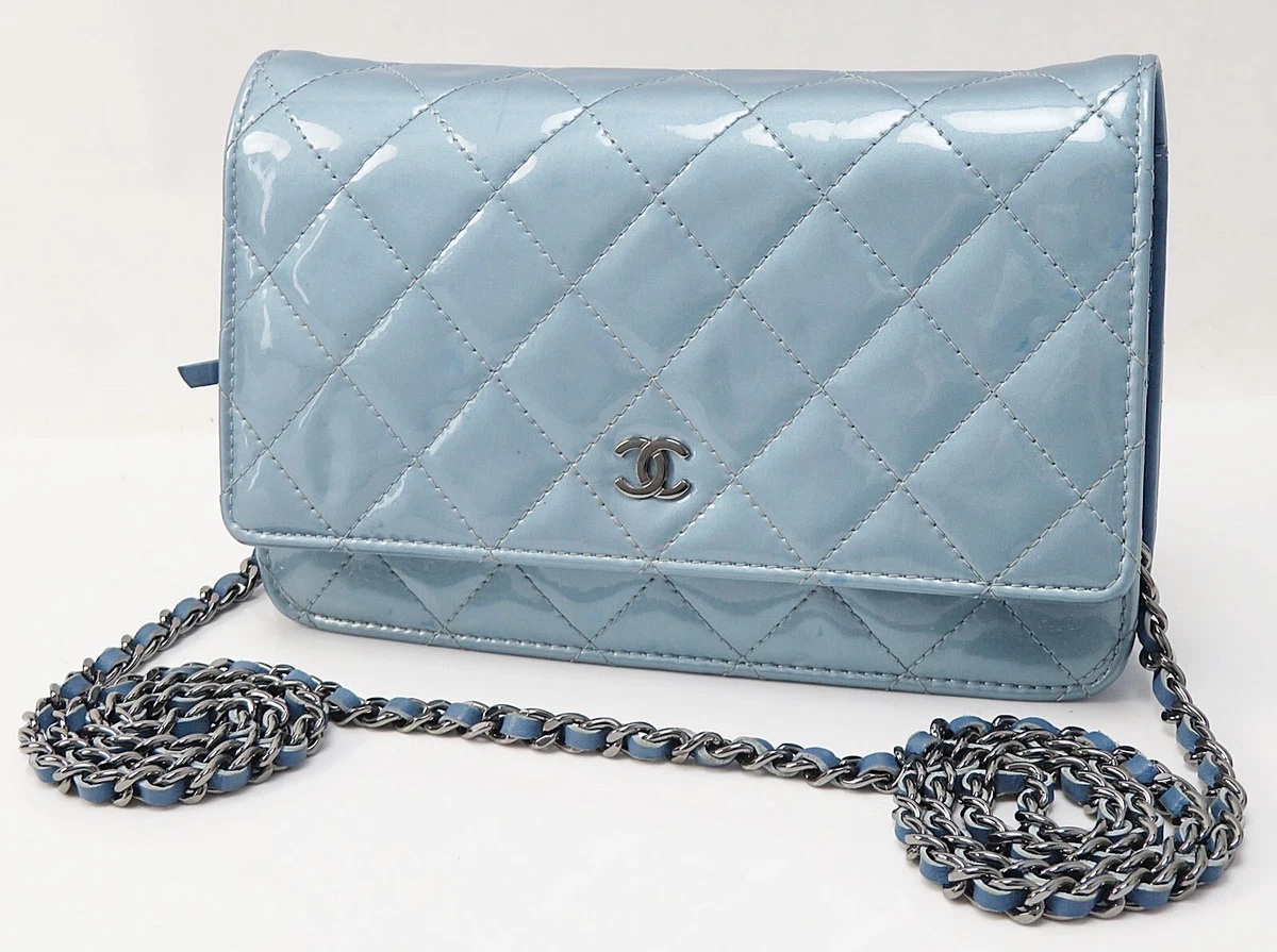 Authentic CHANEL Blue Quilted Patent Leather CC Wallet On Chain WOC #49959