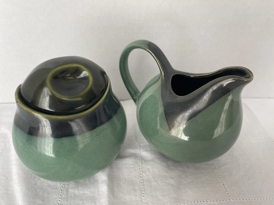 Vintage Sango Nova Art Deco Cream and Sugar Set - Sage Green & Brown - Image 4 of 4
