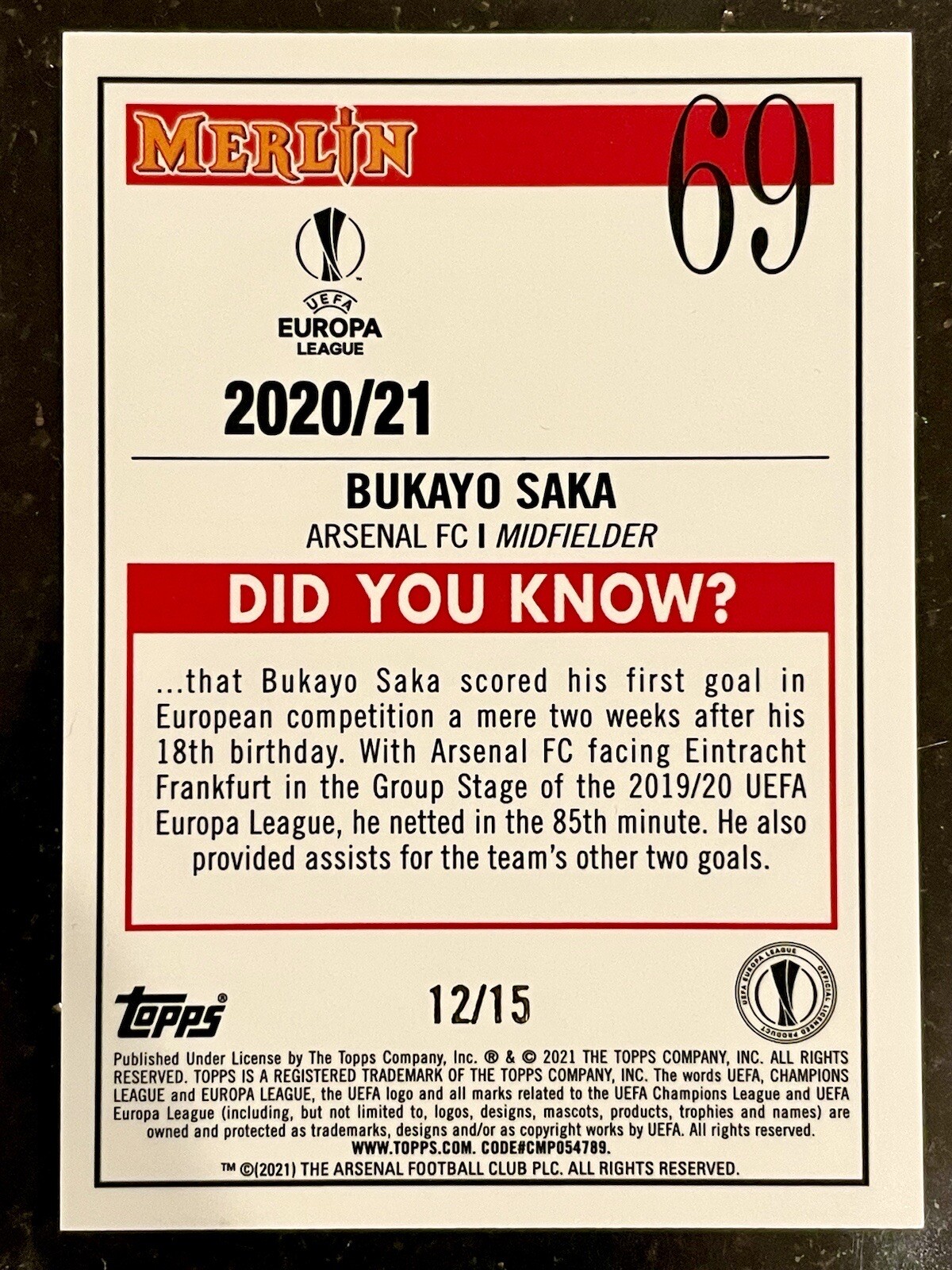 2020-21 Topps Merlin Chrome UEFA UCL Bukayo Saka Black /15 Rookie RC view 4