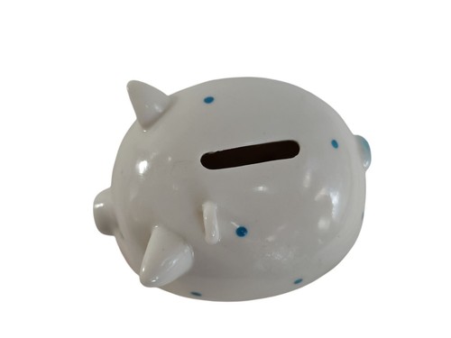 Blushing White Ceramic Piggy Bank Small Blue Dots Ribbon Hole 5"x4"x4.5" Vintage - Picture 5 of 6
