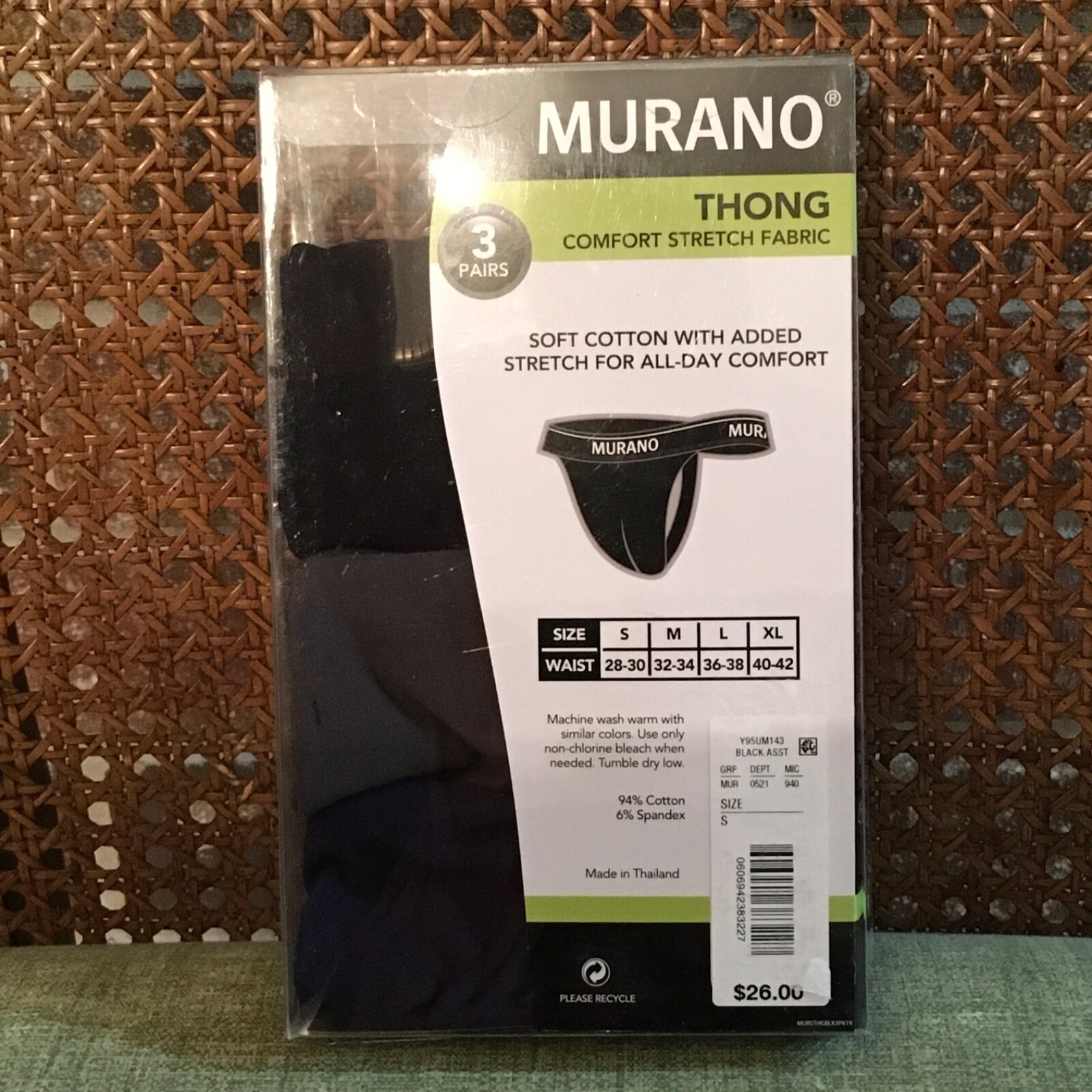 Murano Men's Underwear Thong 3Pair (Black, Gray, Navy) Small 28 30