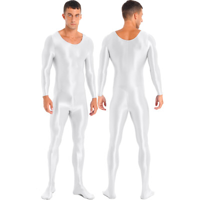 Mens Glossy Stretchy Jumpsuit Sports Fitness Gym Bodystocking Bodysuit Catsuit