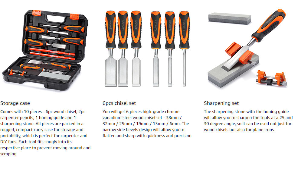 Wood Chisel REXBETI 10-Piece Set - 6 Chisels With Honing Guide ...