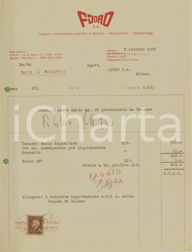 1947 MILANO Via Gabrio Casati 1 - FJORD S.A. Trasporto di amido - Fattura - 第 1/1 張圖片