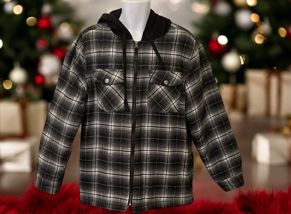 RQQBA Womens Plaid Front Zip Plaid Hood Jacket Size L Black White Front Pockets - Image 3 of 4