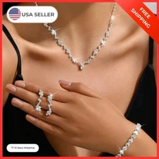 4pcs Bridal Jewelry Set: Crystal Rhinestone Encrusted Necklace Bracelet Earrings