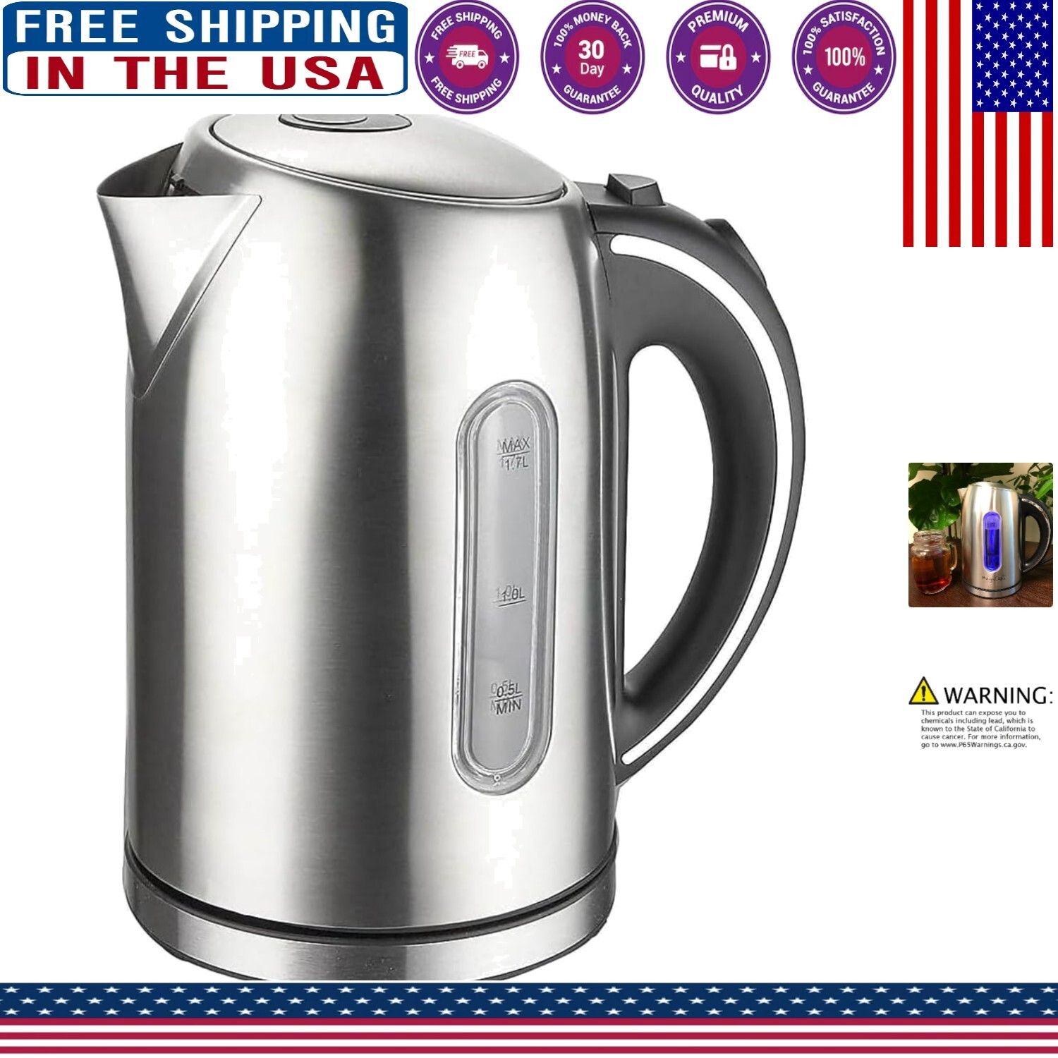 Lightweight 1.7L Cordless Stainless Steel Kettle - Effortless Cleaning & Use