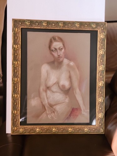 Dipinto olio pastello originale nudo femminile ritratto in cornice oro ornata - fine ar - Foto 4 di 8