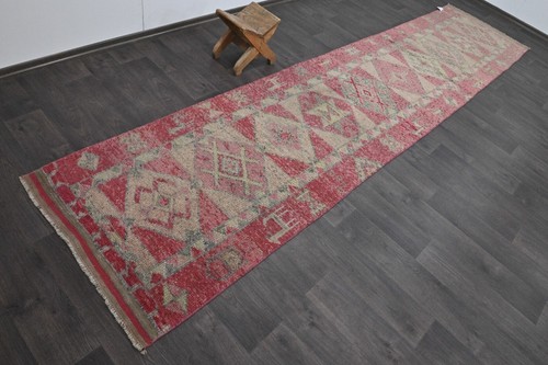 Vintage Turkish Runner Rug 3x13ft Wool Anatolian Handmade Hallway Oushak PINK