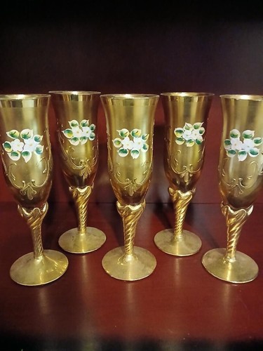 Vintage Italian Murano amber and gold accent champagne glasses