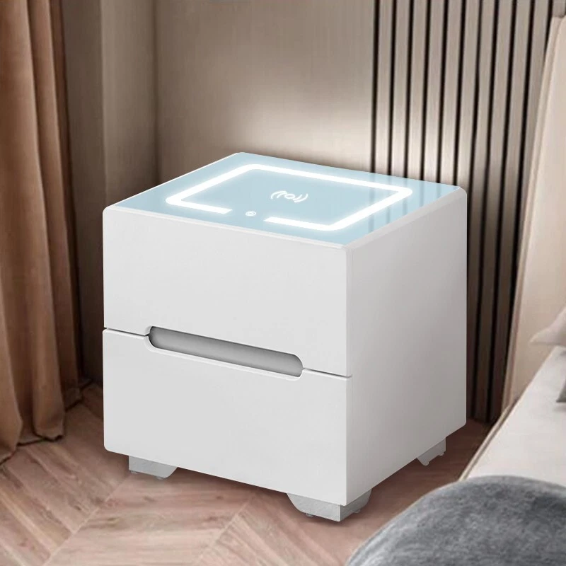 White 2 Drawers Bedside Table Wireless Charging LED Glass Top