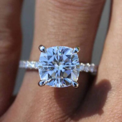 3Ctw Cushion Cut Moissanite Hidden Halo Engagement Ring in 14k White Gold Plated