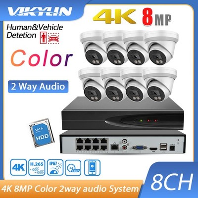 Vikylin 4K 8MP Color 2-Way Audio IP Camera 8CH NVR 8POE Security System Kit Lot