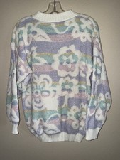 Vintage 80s 90s Oversized Kawaii Floral Print Metallic Knit Sweater Womens