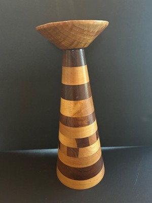 hand turned candle stick contrasting wood segments