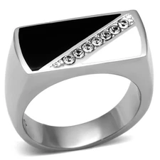 Men's Ring, Clear Top Grade Crystal, Stainless Steel, Statement, Black White