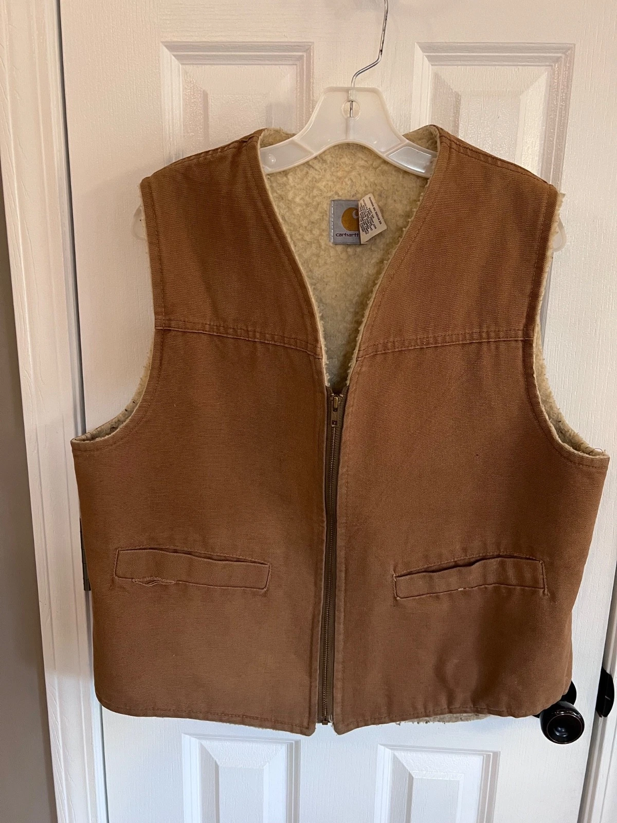 Vintage 80s Carhartt Sherpa Lined Vest Large 6SV Tan Cotton Duck Pockets