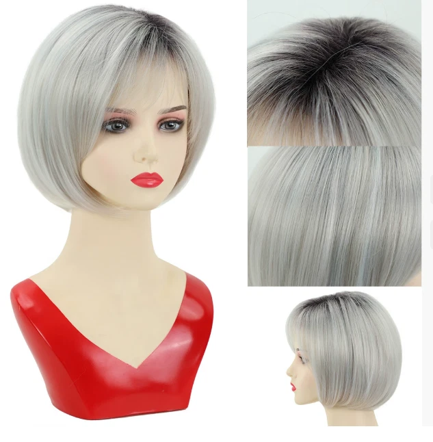 Pelucas de cabello sintético plateado enraizado corte bob corto suave natural uso diario Foto 2 de 4