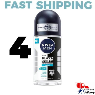 4X NIVEA MEN Black & White Invisible Fresh Anti-Perspirant Roll-On 50ml 72 H