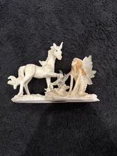 Fairy Princess And White Unicorn Figurine With Crystal Butterfly
